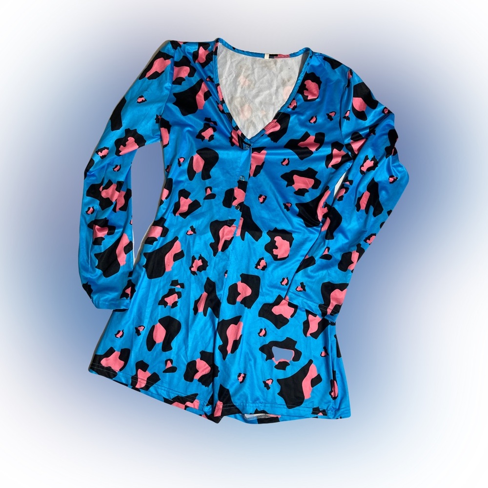 Leopard Blue & Pink Print Romper Medium